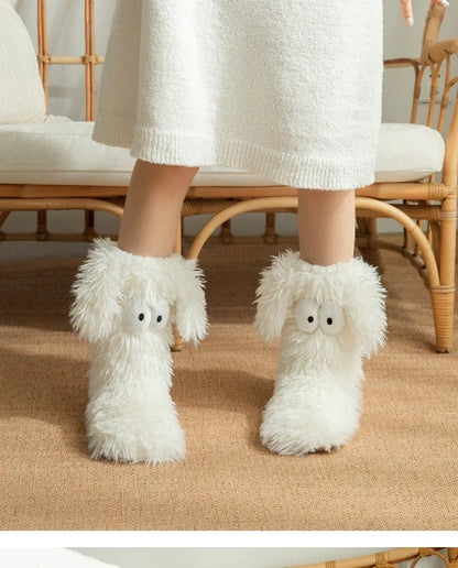 Women's Men Winter Kawaii Big Eyes Slipper Socks with Puppy Ears Cartoon Non-slip Floor Socks Warm Thickened Coral Stockings  ﻿