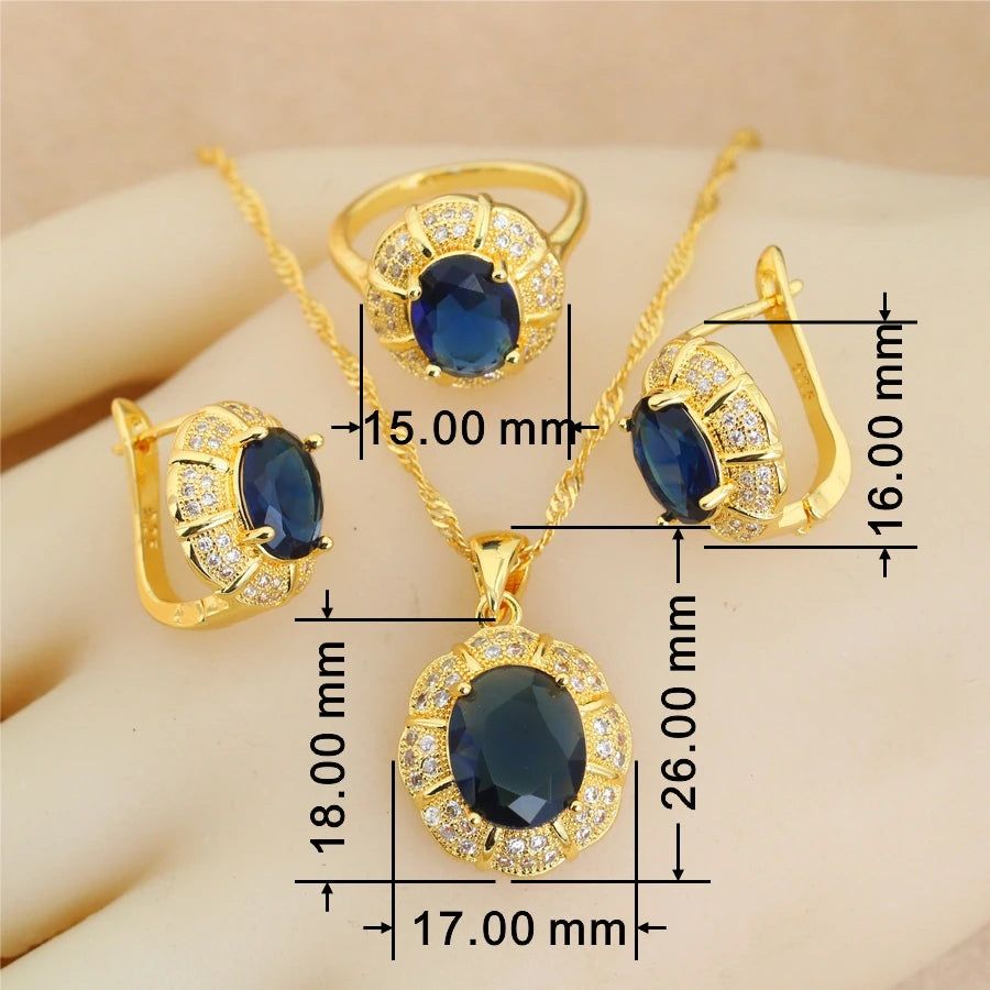 Classic 18K Gold Plated Bridal Jewelry Sets for Women Blue Crystal Club Earrings Necklace Pendant Ring Wedding Gift