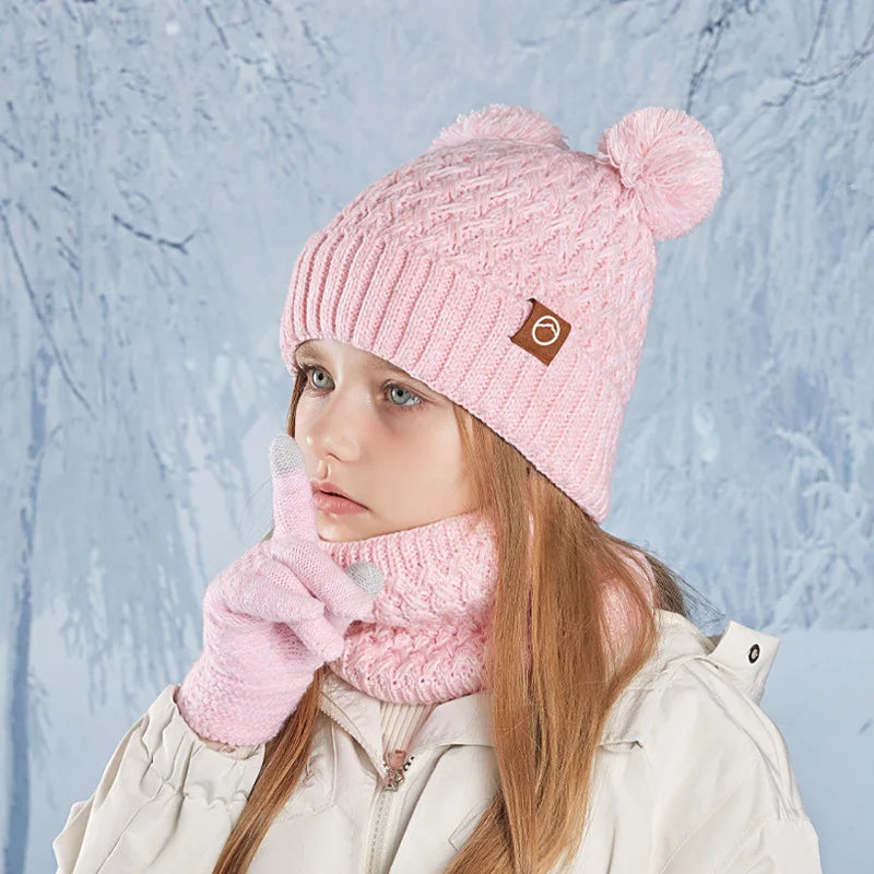 3Pcs Winter Kids Hat Set for Girls Boys Warm Knitted Children Beanie Scarf Gloves Fleece Lining Pompom Children Cap 4-10Y
