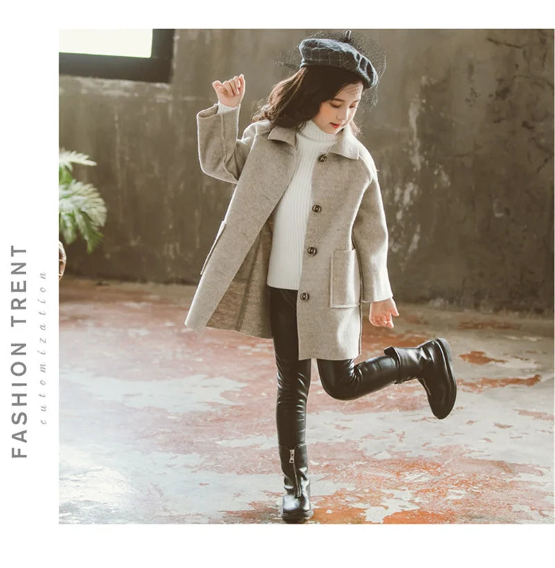 Winter Kids Tweed Coats Autumn Girls Warm England Style Mid-Length Jackets Teen Fashion Outerwear Child 5-12 Years Old