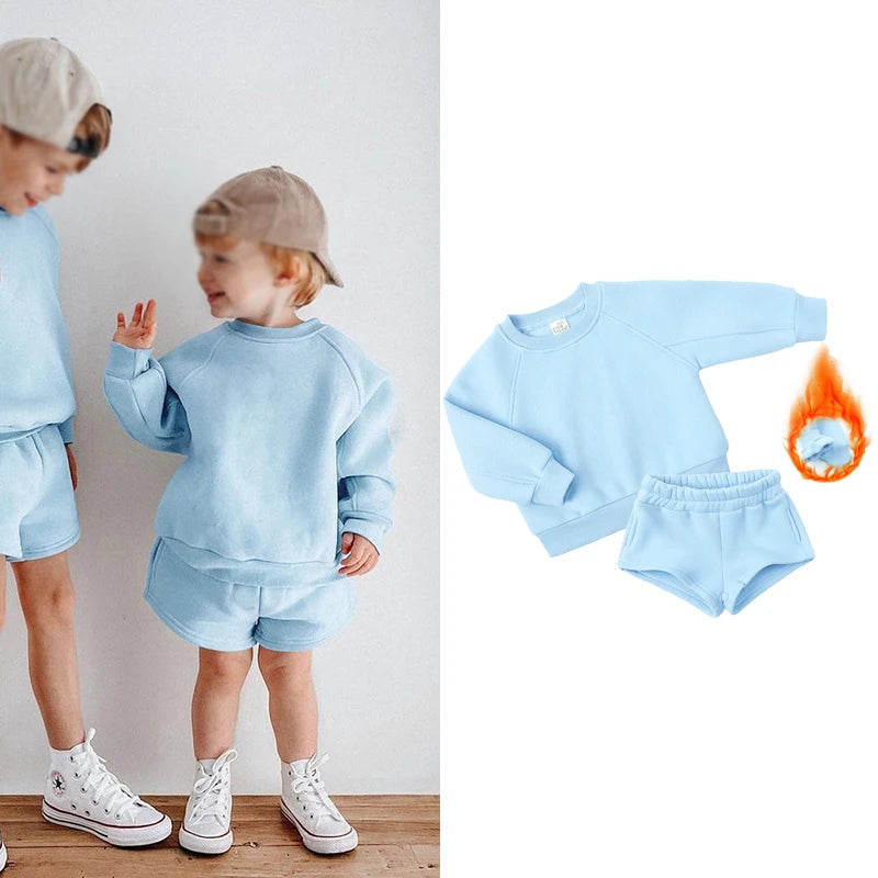 2025 New Winter Kids Boys Girls Clothes 2 Pieces Tracksuit Outfits Set Solid Top Sweatshirt+Elastic Joggers Shorts Causal Suit