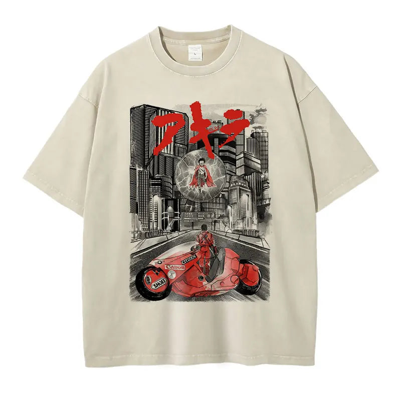 Anime Akira T-shirts Oversized Streetwear Vintage Washed Kaneda Shoutarou T Shirt Short Sleeve Retro Manga Tops Tees Men Cotton