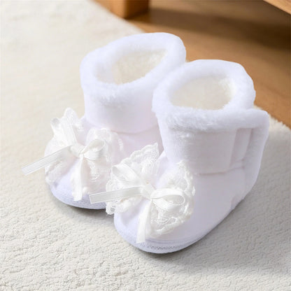 Cute Baby Girls Winter Boots Warm Faux Fur Lined Soft Sole Bowknot Non-slip First Walker Shoes for Toddler Girls