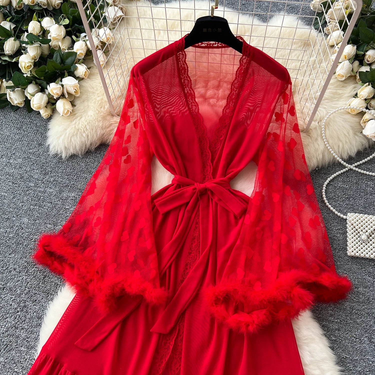 SINGREINY Women Elegant Sheer Sexy Cardigan Robes Wools Spliced Long Sleeve Shawls Fashion French Gauze Transparent Long Robes