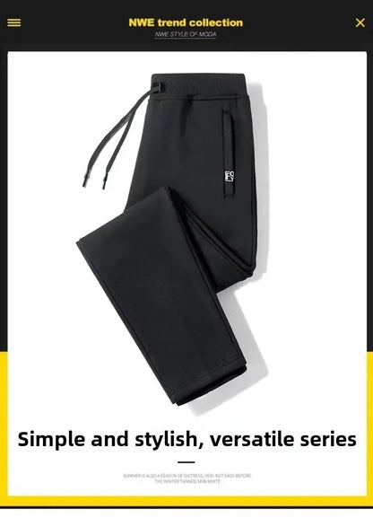 Men's Autumn/Winter Fleece-Lined and Thickened Sweatpants Versatile Casual Straight-Leg Pants Loose-Fitzip-Upocket Solid Color W