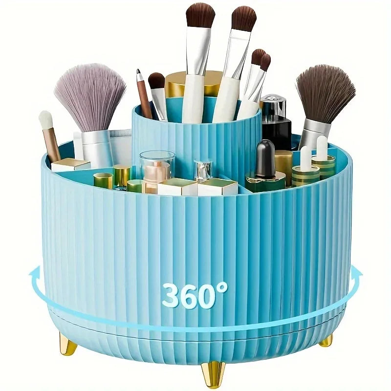 360° Rotating Makeup Organizer - 1pc Plastic Cosmetic Storage with 5 Compartments - Multi-Functional Holder for Brushes