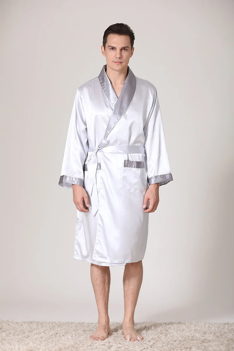 Men Kimono Satin Home Bathrobe Gown Satin Sleepwear Loose Loungewear Lapel Peignoir Homme Loose Nightwear Male Dressing Gown