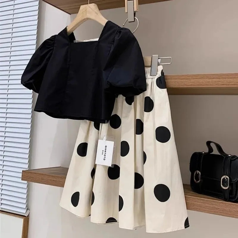 Teenage Girl Clothing Set Summer New Cotton Square Neck Bubble Sleeve Top Dot Half Skirt 2-piece Set Children's Skirt Set