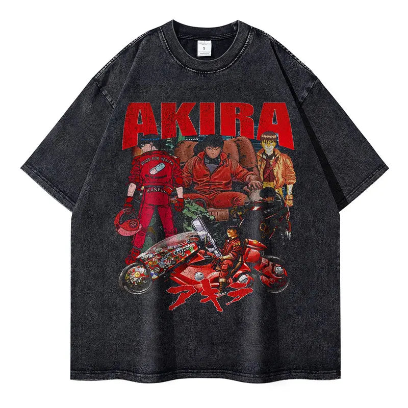 Anime Akira T-shirts Oversized Streetwear Vintage Washed Kaneda Shoutarou T Shirt Short Sleeve Retro Manga Tops Tees Men Cotton