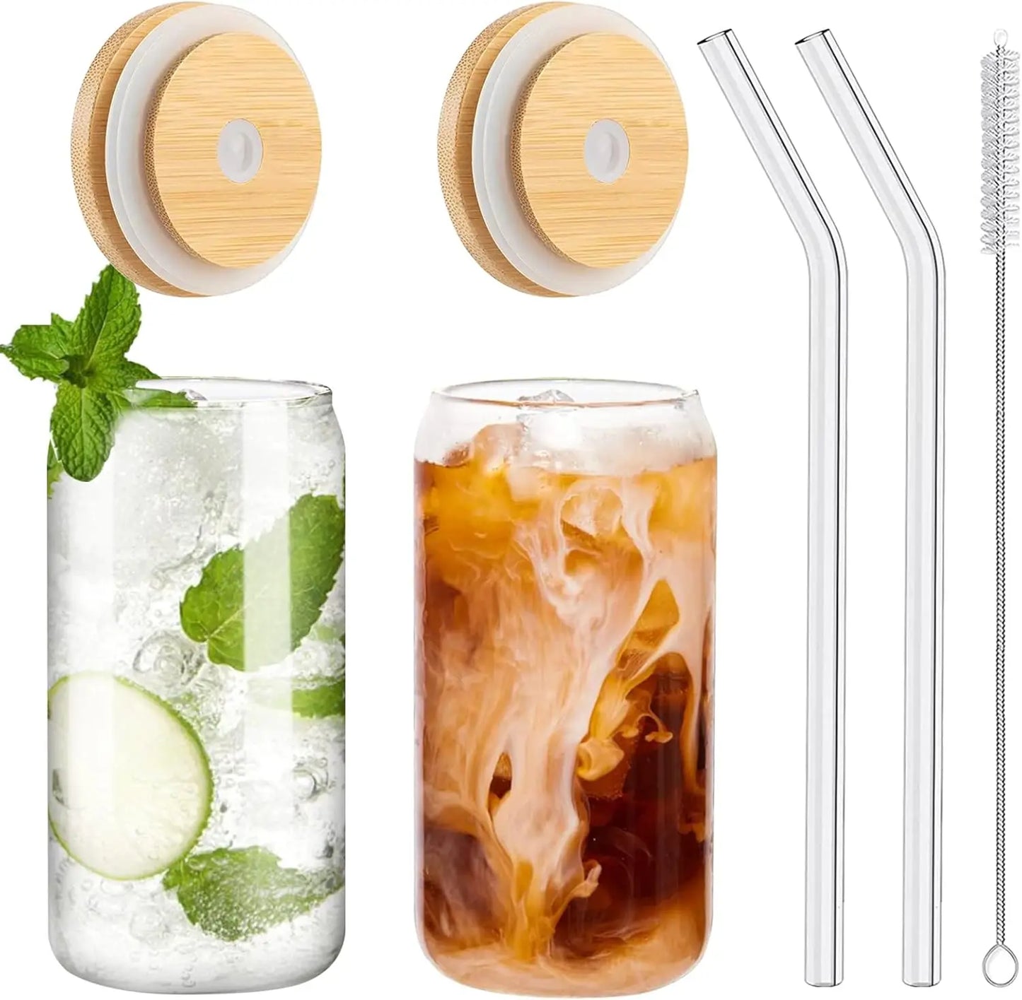 Drinking Glasses with Bamboo Lids and Glass Straw 2PCS Set, 16oz Glass Cups with Lids and Straws, Beer, Iced Coffee Glasses, Sod