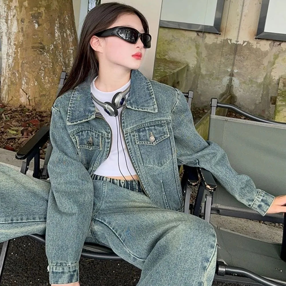 Two Pieces Set Y2K Children Cowboy Set Loose Teens Jeans Jacket Suit Retro Wide Leg Pants Girls Clothes Set Students