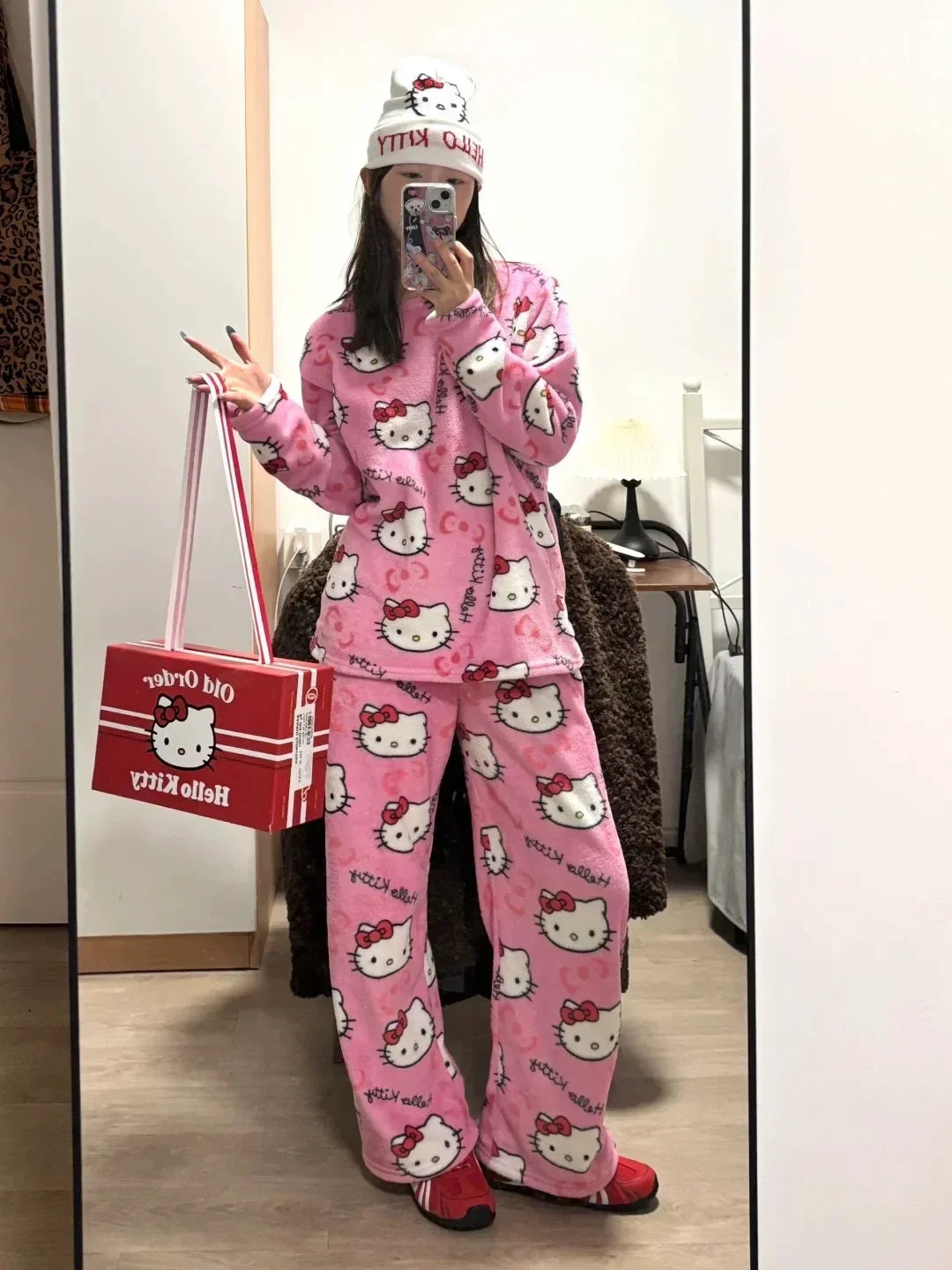 Winter Hello Kitty Pajamas Set Flannel Pants Kawaii Cartoon Pajama Suit Warm Thickened Woman Pants Plush Homewear Cute Sleepwear