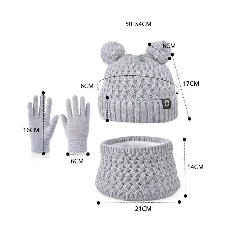 3Pcs Winter Kids Hat Set for Girls Boys Warm Knitted Children Beanie Scarf Gloves Fleece Lining Pompom Children Cap 4-10Y