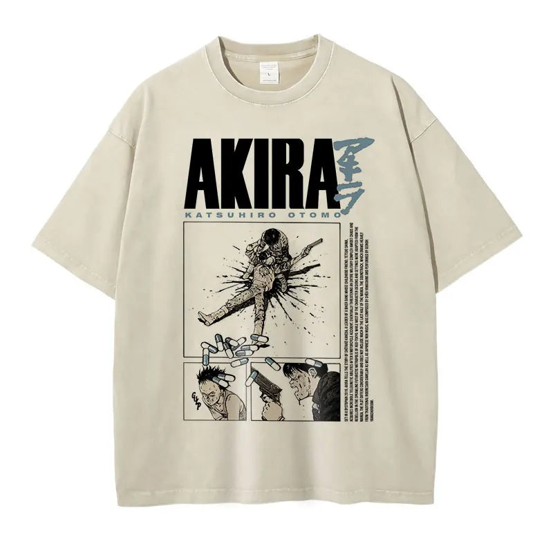 Anime Akira T-shirts Oversized Streetwear Vintage Washed Kaneda Shoutarou T Shirt Short Sleeve Retro Manga Tops Tees Men Cotton