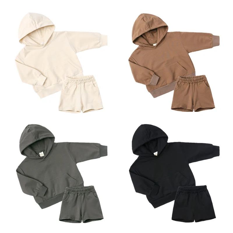 2025 New Winter Kids Boys Girls Clothes 2 Pieces Tracksuit Outfits Set Solid Top Sweatshirt+Elastic Joggers Shorts Causal Suit