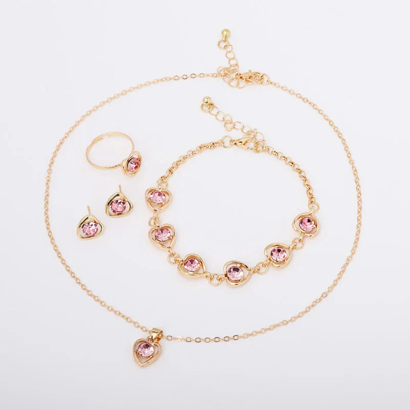 Women Crystal Love Jewelry 4 Piece Set Fashionable Elegant High End Peach Heart Necklace Earrings Rings Bracelets Necklace Set