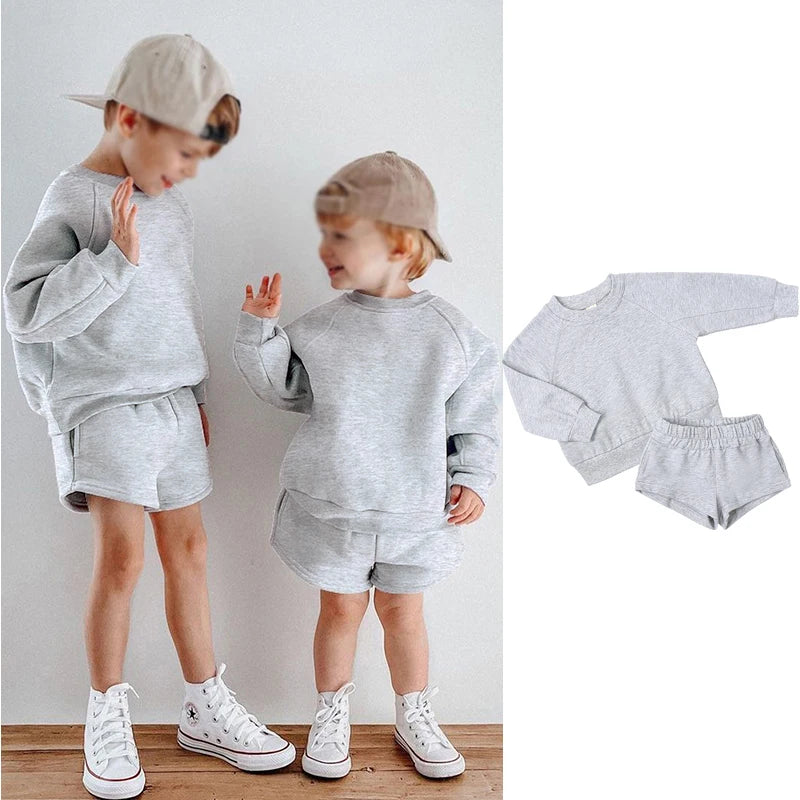 2025 New Winter Kids Boys Girls Clothes 2 Pieces Tracksuit Outfits Set Solid Top Sweatshirt+Elastic Joggers Shorts Causal Suit