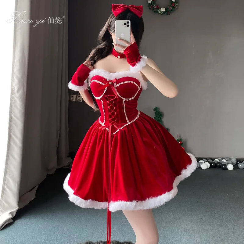 Cute Chic Lady Christmas Tube Dress Women Santa Claus Cosplay Costume with Fur cape New Year Lolita Party Costume