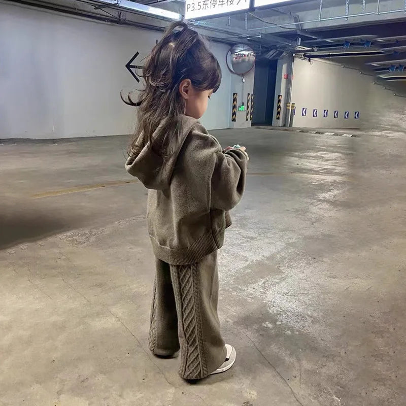Children Clothing 2022 Autumn Winter Girls Casual Sweater Set Hooded Knitted Coat and Pants Two Piece Set Korean Kids Clothes