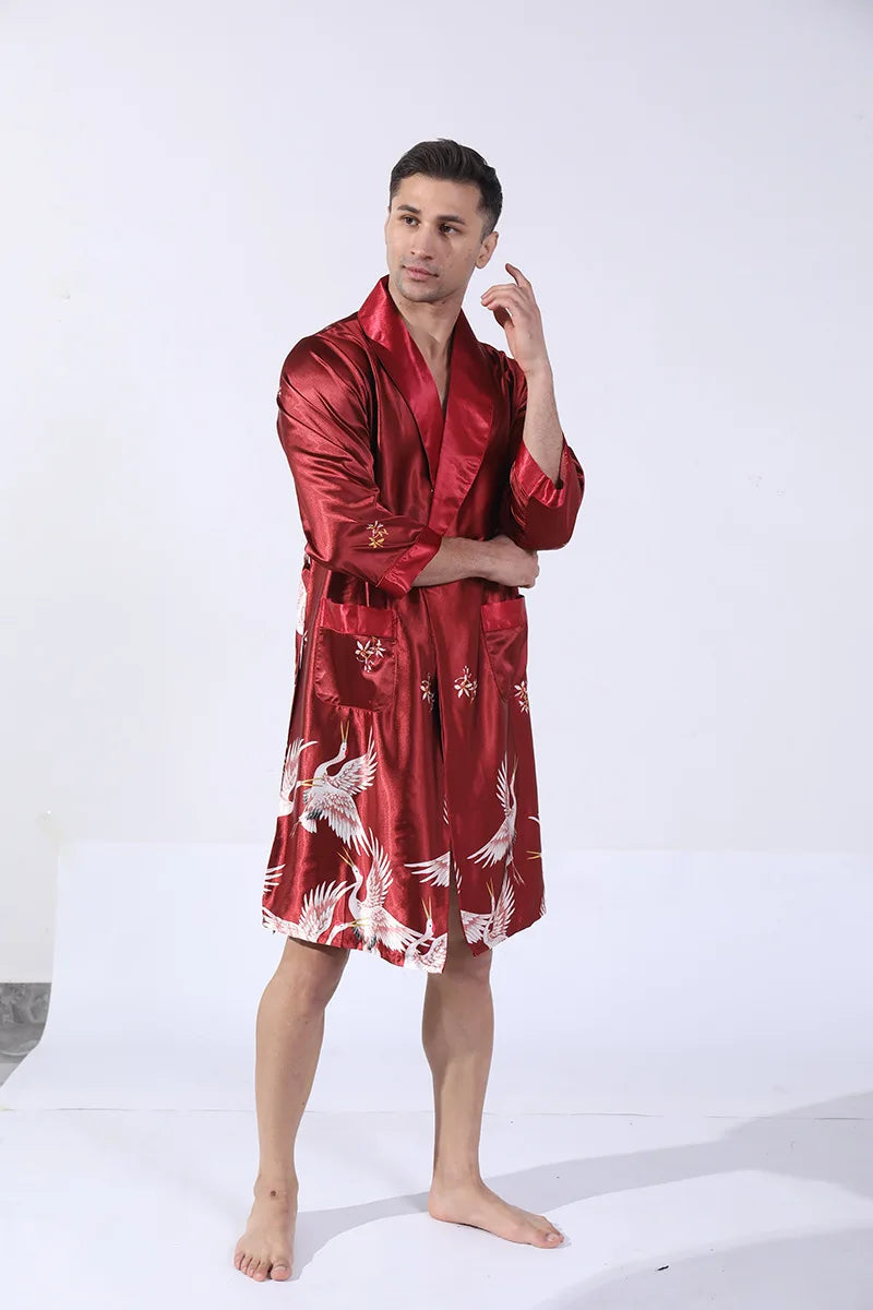 Men Kimono Satin Home Bathrobe Gown Satin Sleepwear Loose Loungewear Lapel Peignoir Homme Loose Nightwear Male Dressing Gown