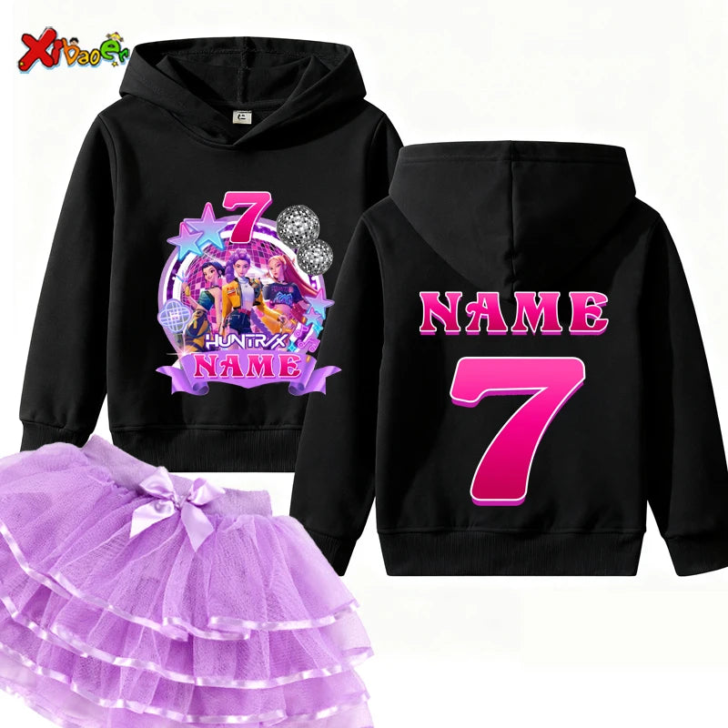 Kpop Hunter Girls Birthday Hoodies Girl Party Outfits Teen Girl Hoodie Kids Hooded Children Sweatshirt Birthday Tutu Set 5th 6th