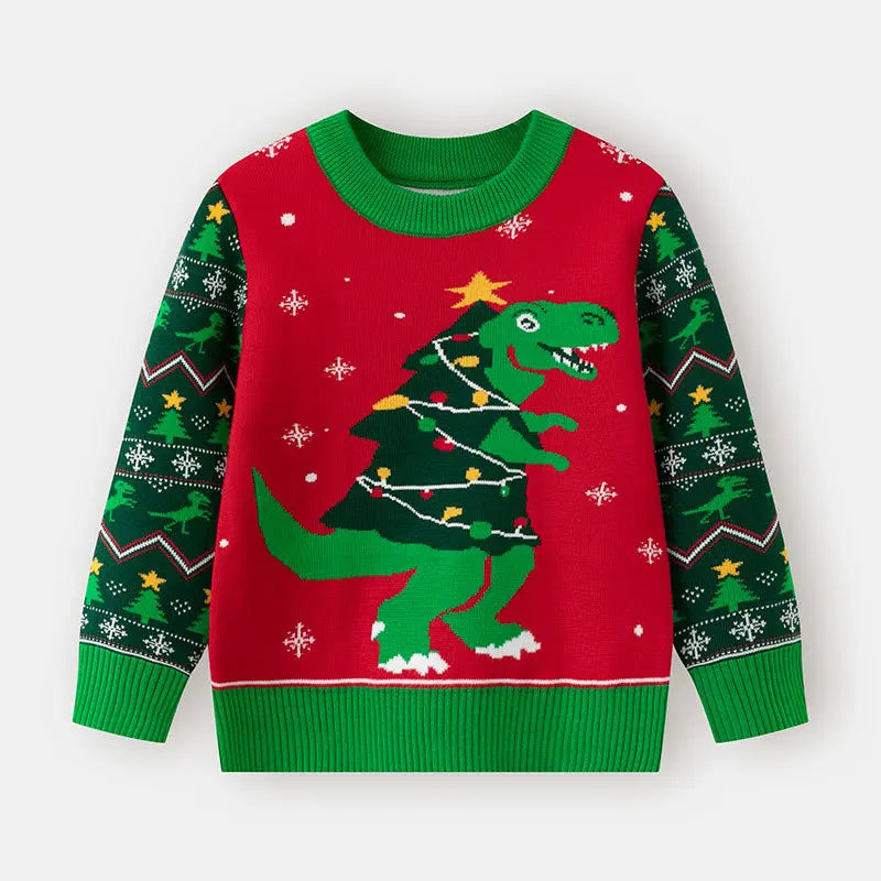 Kids Christmas Plush Pullover Sweater Warm Winter Autumn Cartoon Print Green O-Neck Unisex Clothing for Boys And Girls 2-7 Years