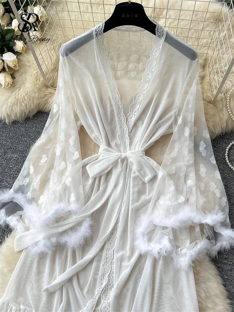 SINGREINY Women Elegant Sheer Sexy Cardigan Robes Wools Spliced Long Sleeve Shawls Fashion French Gauze Transparent Long Robes