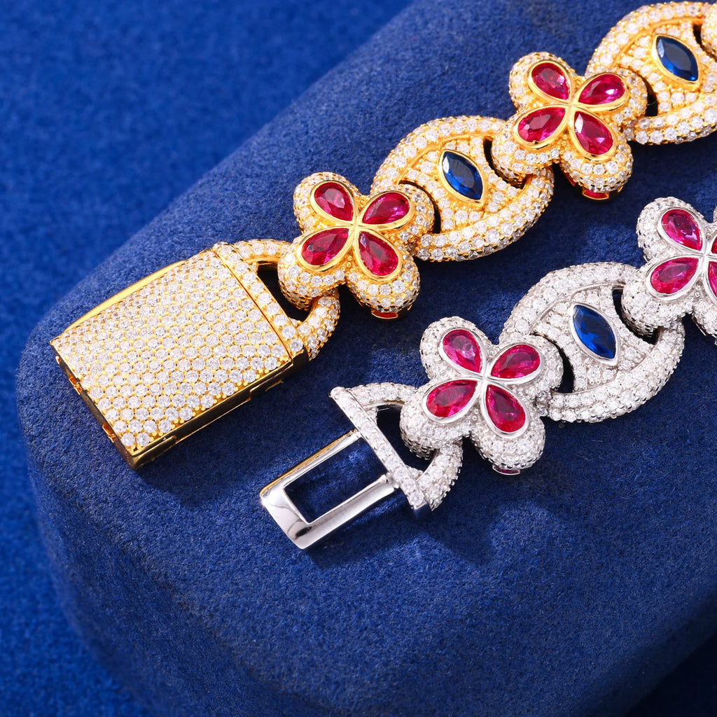 New 925 Sterling Sterling Lucky Clover Bracelet Iced Out Bling Moissanite Evil Eye Link Chain Luxury Hip Hop Party Jewelry Gifts