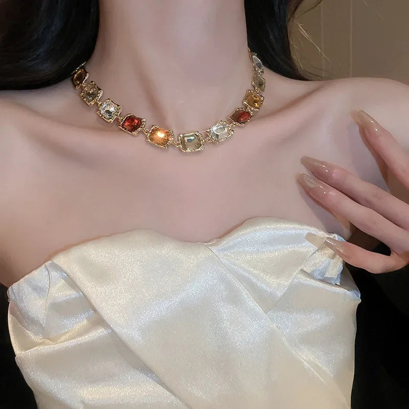 Crystal Inlaid Square Set Necklace and Earrings Fashionable Temperament Splicing Clavicle Chain Jewelry Decoration for Women