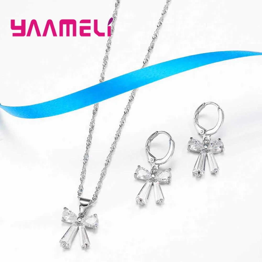 Crystal Bowknot Jewelry Sets Include 925 Sterling Silver Necklace Earrings SetsFor Women Gorgeous Accessories