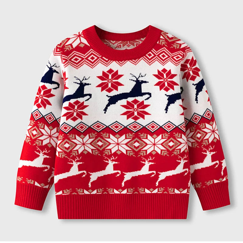 Kids Christmas Plush Pullover Sweater Warm Winter Autumn Cartoon Print Green O-Neck Unisex Clothing for Boys And Girls 2-7 Years