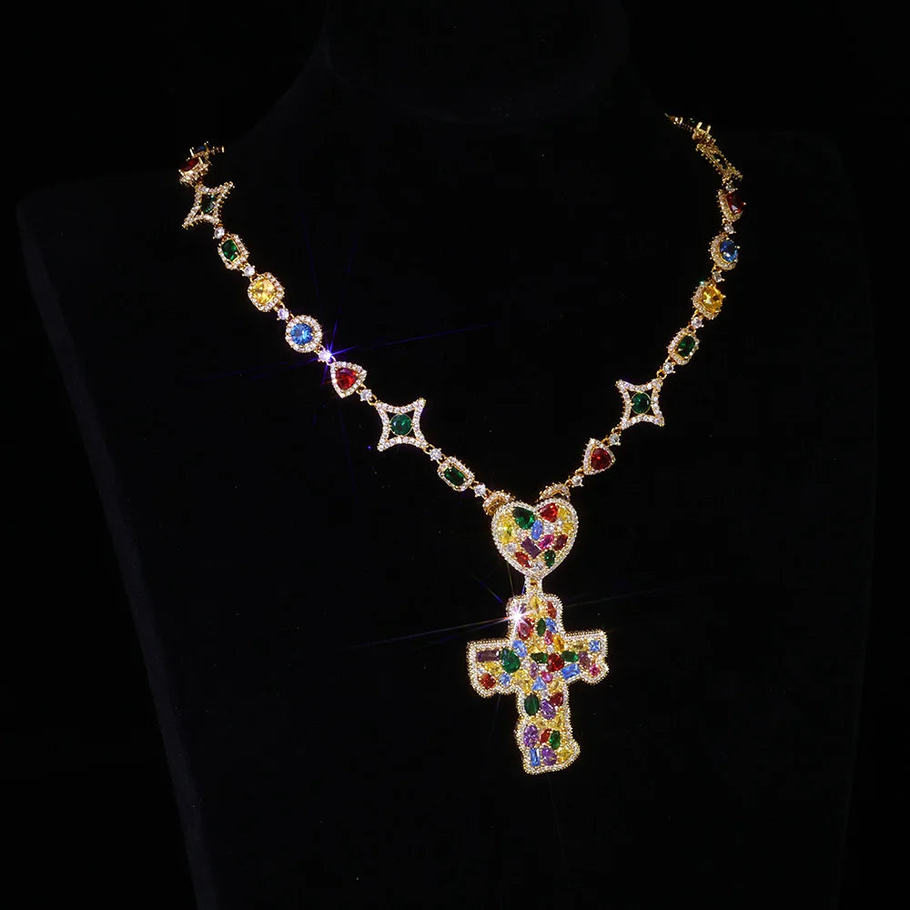 Trendy New Arrivals Cross Pendant Necklace Fancy Cut Diamonds Fashion Iced Out Multi-Colored Gemstones Chain Hip Hop Jewelry