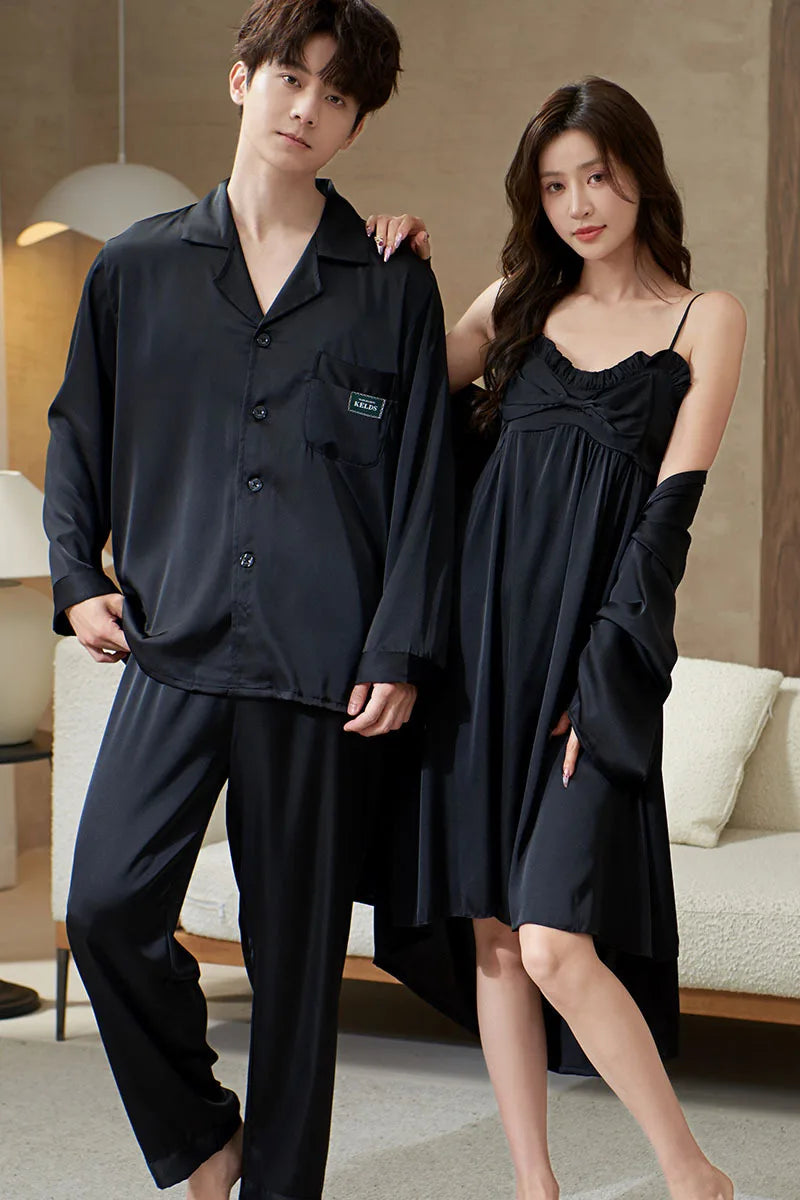 Couple Lounge Sleep Wear Silk Pajamas Set Men Shirt Pants Women Sling Nightdress Robes Wedding Sleepwear