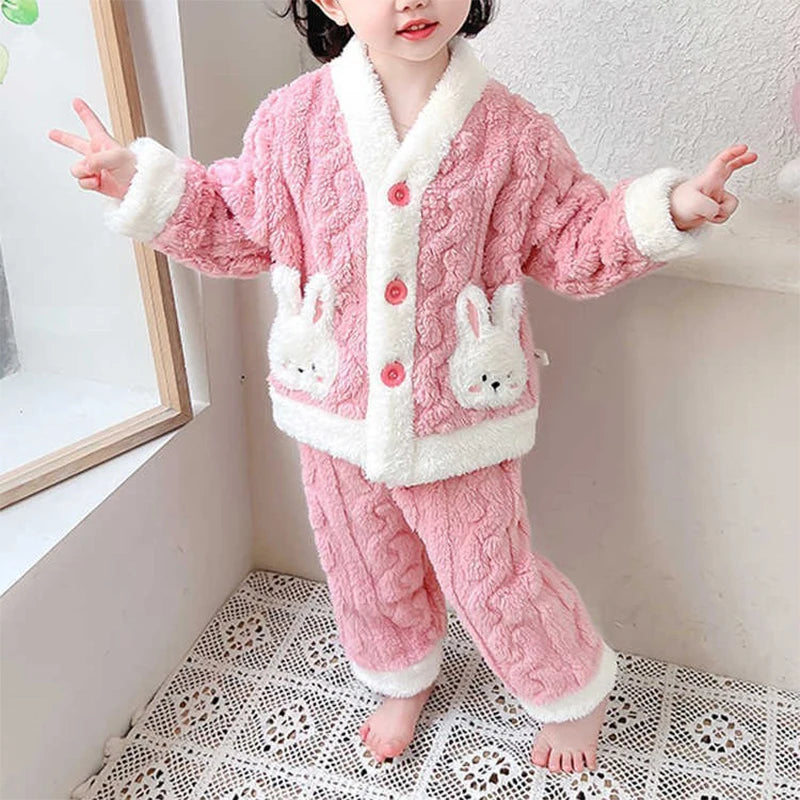 Girls Winter Clothes 2pcs Girl Thicken Pajamas Set Plus Velvet Children Winter Warm Sleepwear Suits Kids Winter Clothing