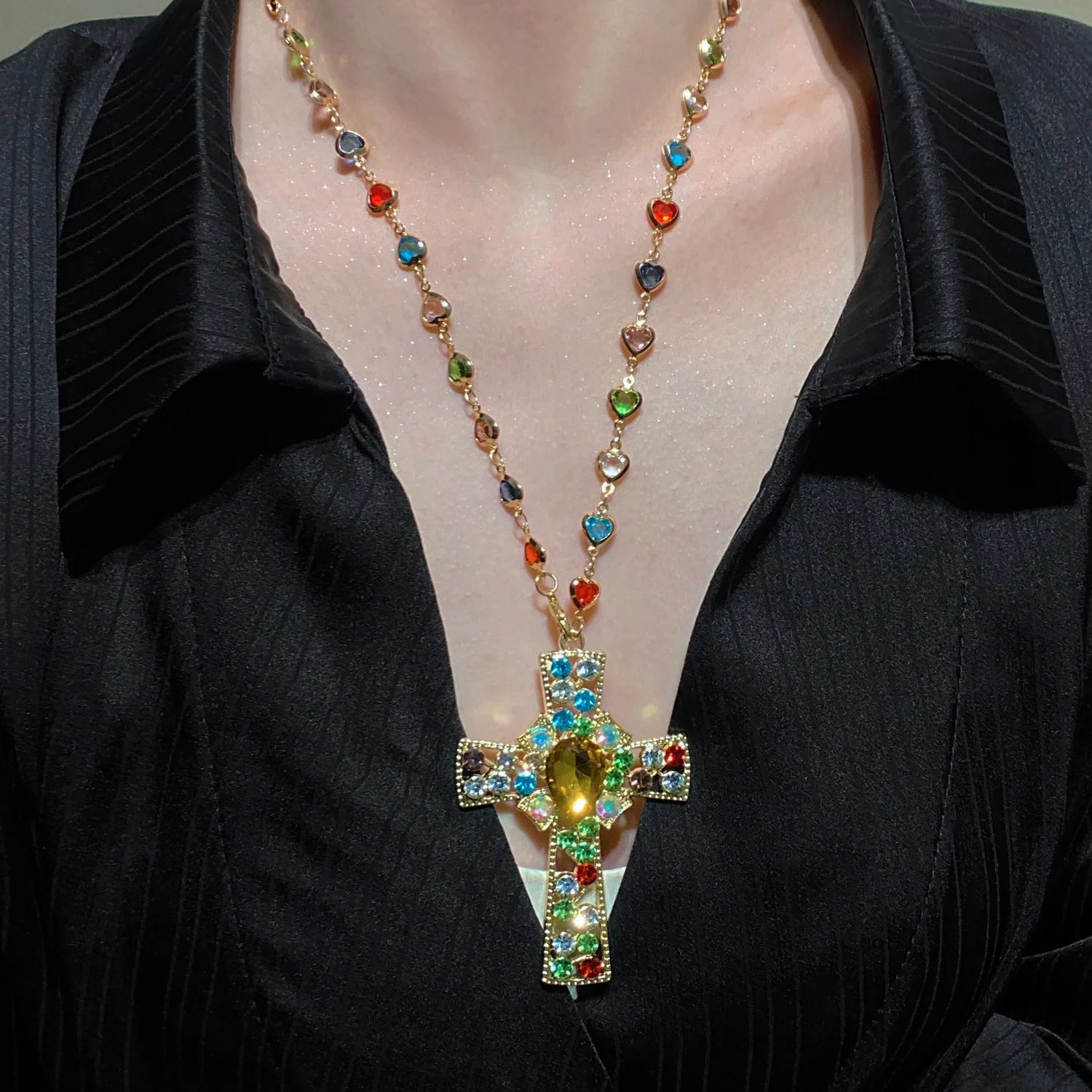 WANZHI Exquisite Metal Zircon Cross Tassel Necklaces for Women Men Luxurious Punk Long Choker Fashion Jewelry Accessories Gifts