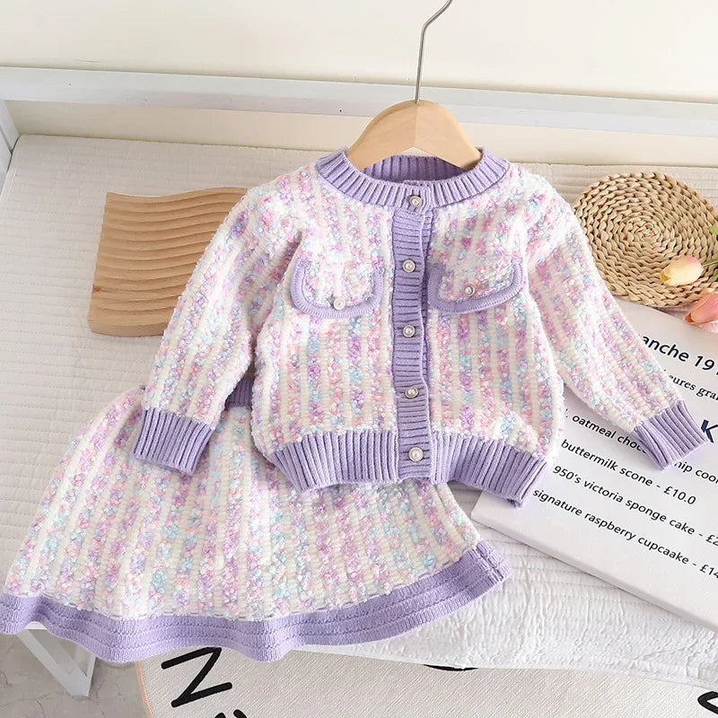 Kids 2Pcs Tweed Clothes Sets Girl Fashion Spring Winter Children Suits for 1-10Ys Elegant Sweet Outfit Kids Clothes