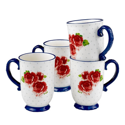 Heritage Floral Coffee Mug Set 4-Piece Stoneware Tea Cups Dishwasher Microwave Safe Rustic Kitchen Gift