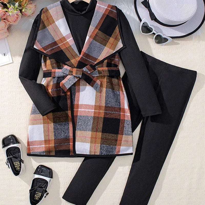 Three Piece Set For Winter Girls Cute And Warm Elegant Plaid Jacket High Necked Knitted Long Sleeved Pants Princess Party Dress
