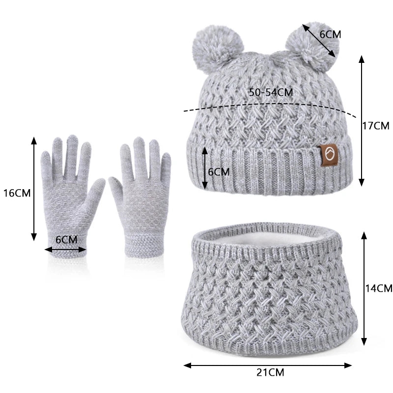 3Pcs Winter Kids Hat Set for Girls Boys Warm Knitted Children Beanie Scarf Gloves Fleece Lining Pompom Children Cap 4-10Y