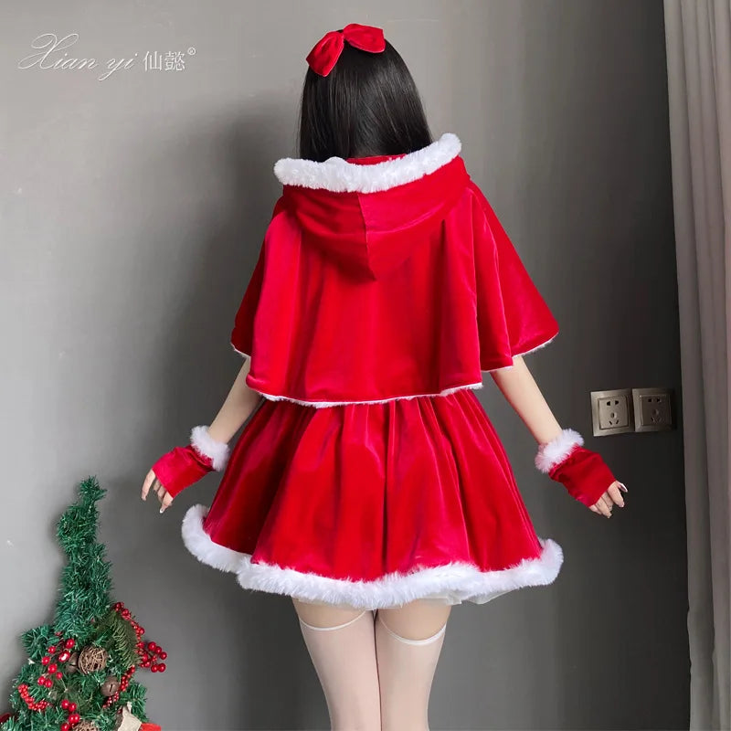 Cute Chic Lady Christmas Tube Dress Women Santa Claus Cosplay Costume with Fur cape New Year Lolita Party Costume