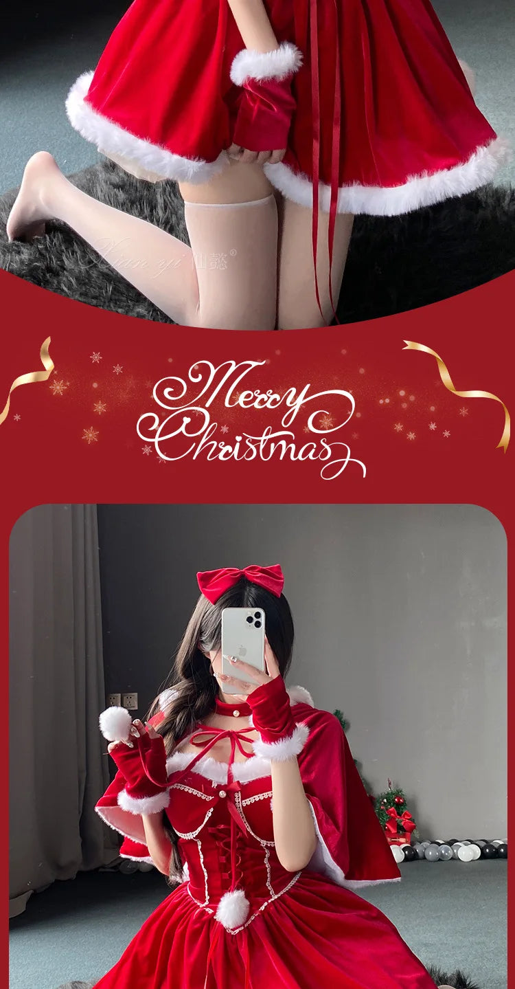 Cute Chic Lady Christmas Tube Dress Women Santa Claus Cosplay Costume with Fur cape New Year Lolita Party Costume