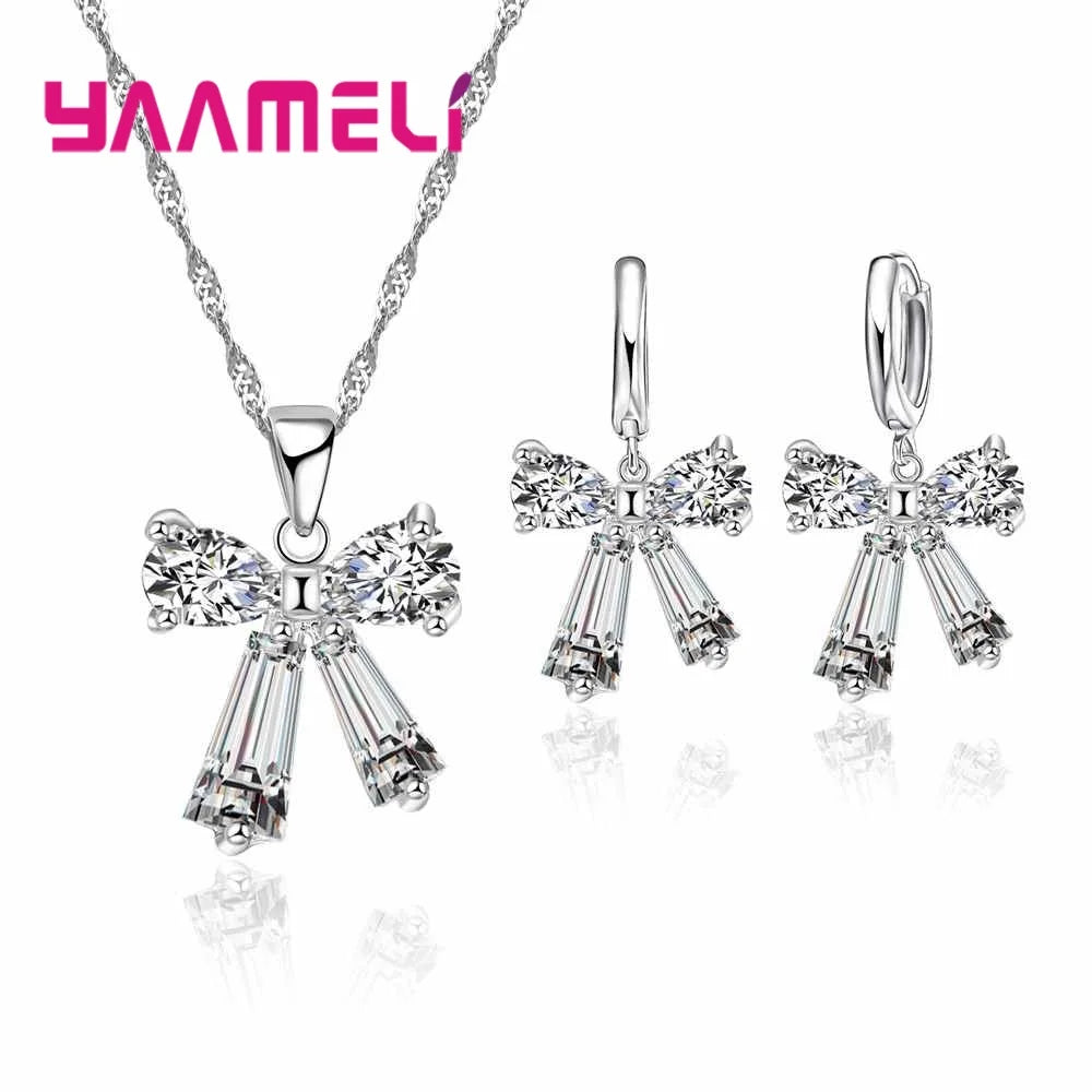 Crystal Bowknot Jewelry Sets Include 925 Sterling Silver Necklace Earrings SetsFor Women Gorgeous Accessories