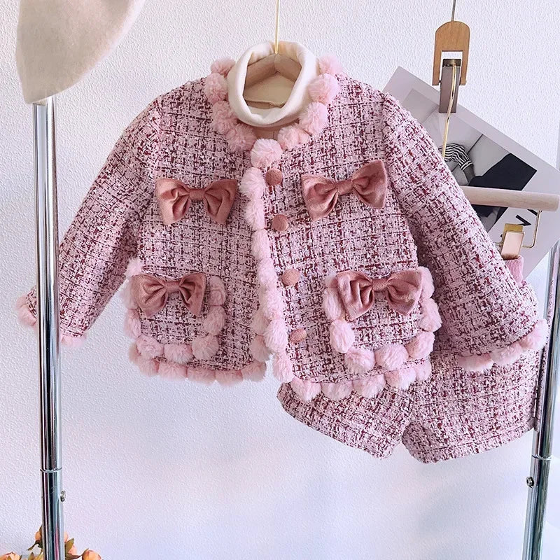 Kids 2Pcs Tweed Clothes Sets Girl Fashion Spring Winter Children Suits for 1-10Ys Elegant Sweet Outfit Kids Clothes