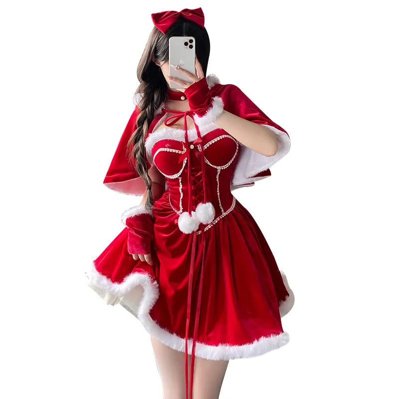 Cute Chic Lady Christmas Tube Dress Women Santa Claus Cosplay Costume with Fur cape New Year Lolita Party Costume
