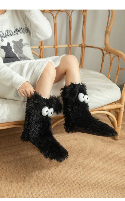 Women's Men Winter Kawaii Big Eyes Slipper Socks with Puppy Ears Cartoon Non-slip Floor Socks Warm Thickened Coral Stockings  ﻿