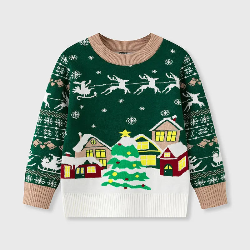 Kids Christmas Plush Pullover Sweater Warm Winter Autumn Cartoon Print Green O-Neck Unisex Clothing for Boys And Girls 2-7 Years