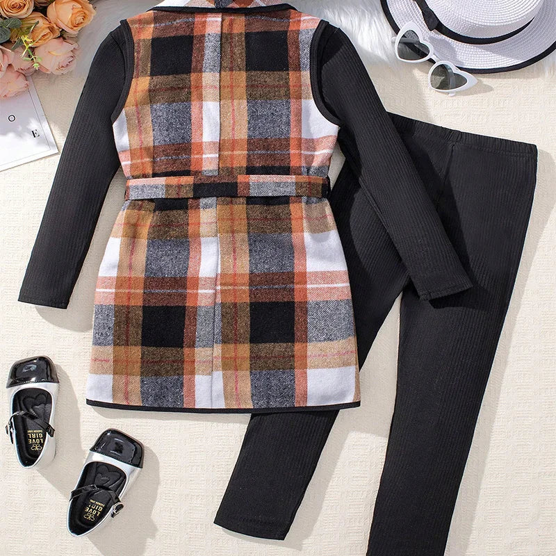 Three Piece Set For Winter Girls Cute And Warm Elegant Plaid Jacket High Necked Knitted Long Sleeved Pants Princess Party Dress