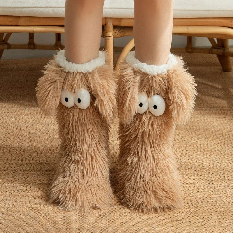 Women's Men Winter Kawaii Big Eyes Slipper Socks with Puppy Ears Cartoon Non-slip Floor Socks Warm Thickened Coral Stockings  ﻿