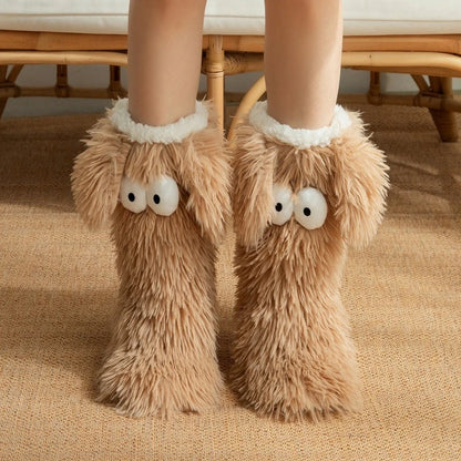 Women's Men Winter Kawaii Big Eyes Slipper Socks with Puppy Ears Cartoon Non-slip Floor Socks Warm Thickened Coral Stockings  ﻿