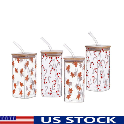 Gingerbread Man Candy Cane Clear Glass Sipper Set 4pack Durable Borosilicate Square Mug with Bamboo Lid and Straw Holiday